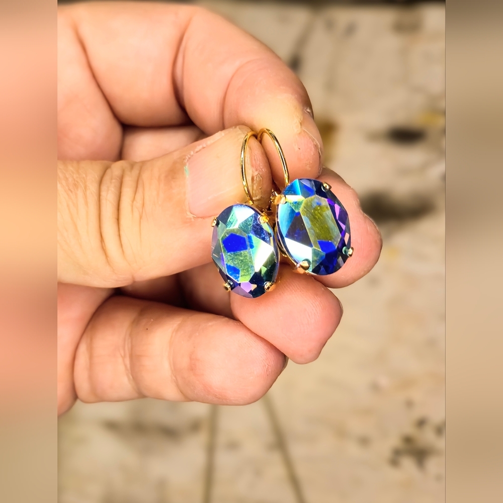 Blue So Very Metallic Swarovski Crystal In Gold Plated Drop Down Earrings - Picture 6 of 6